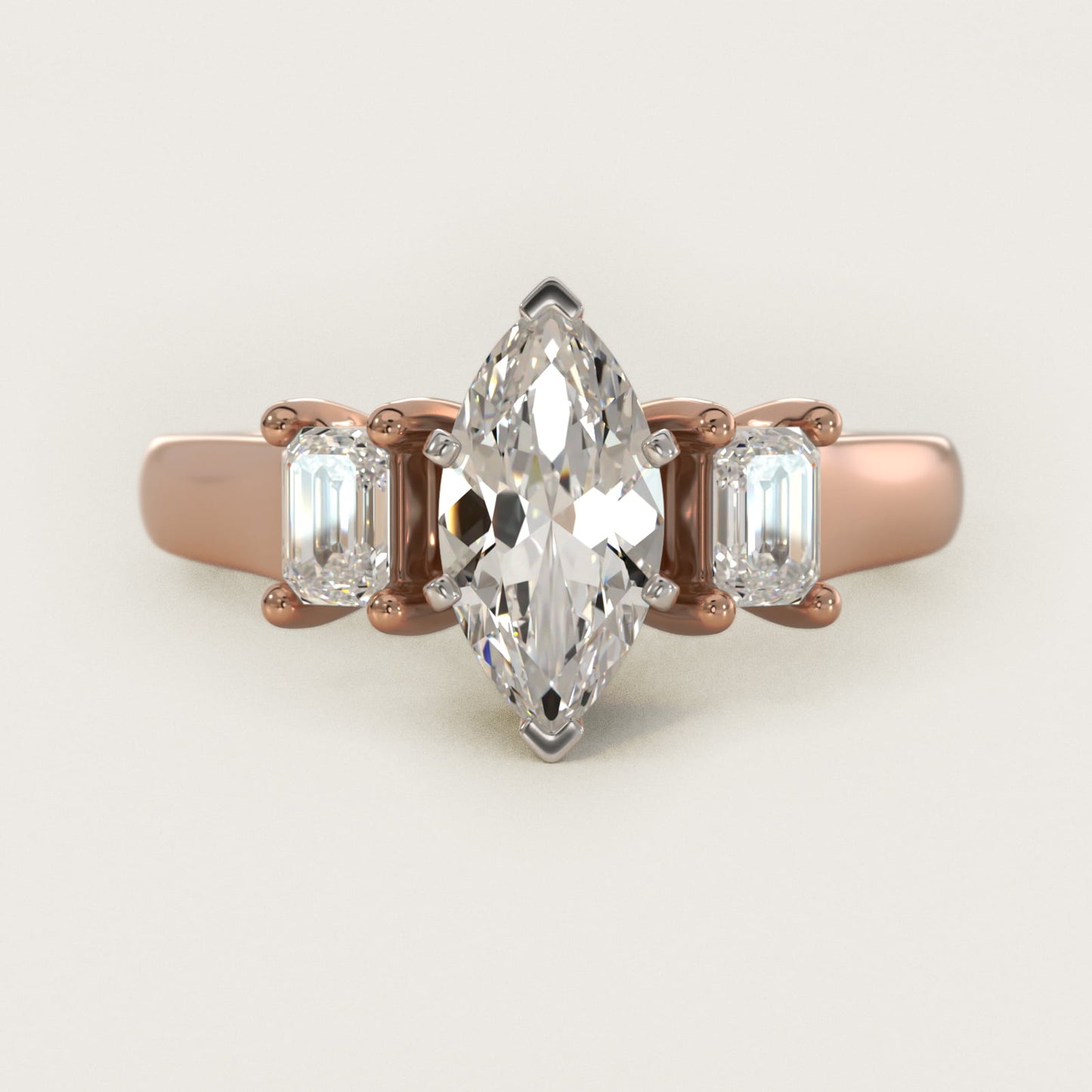 Three-Stone Emerald-Cut Diamond Engagement Ring in 14k Rose Gold (1/3 ct tw.) By Zac Zac Posen - Marquise Center
