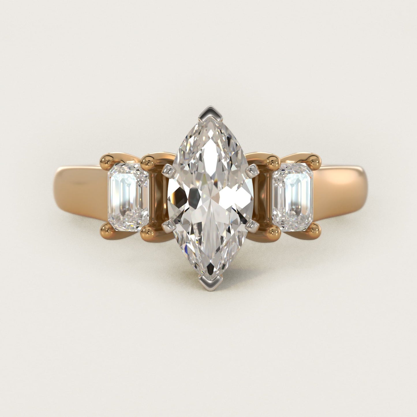 Three-Stone Emerald-Cut Diamond Engagement Ring in 18k Yellow Gold (1/3 ct tw.) By Zac Zac Posen - Marquise Center