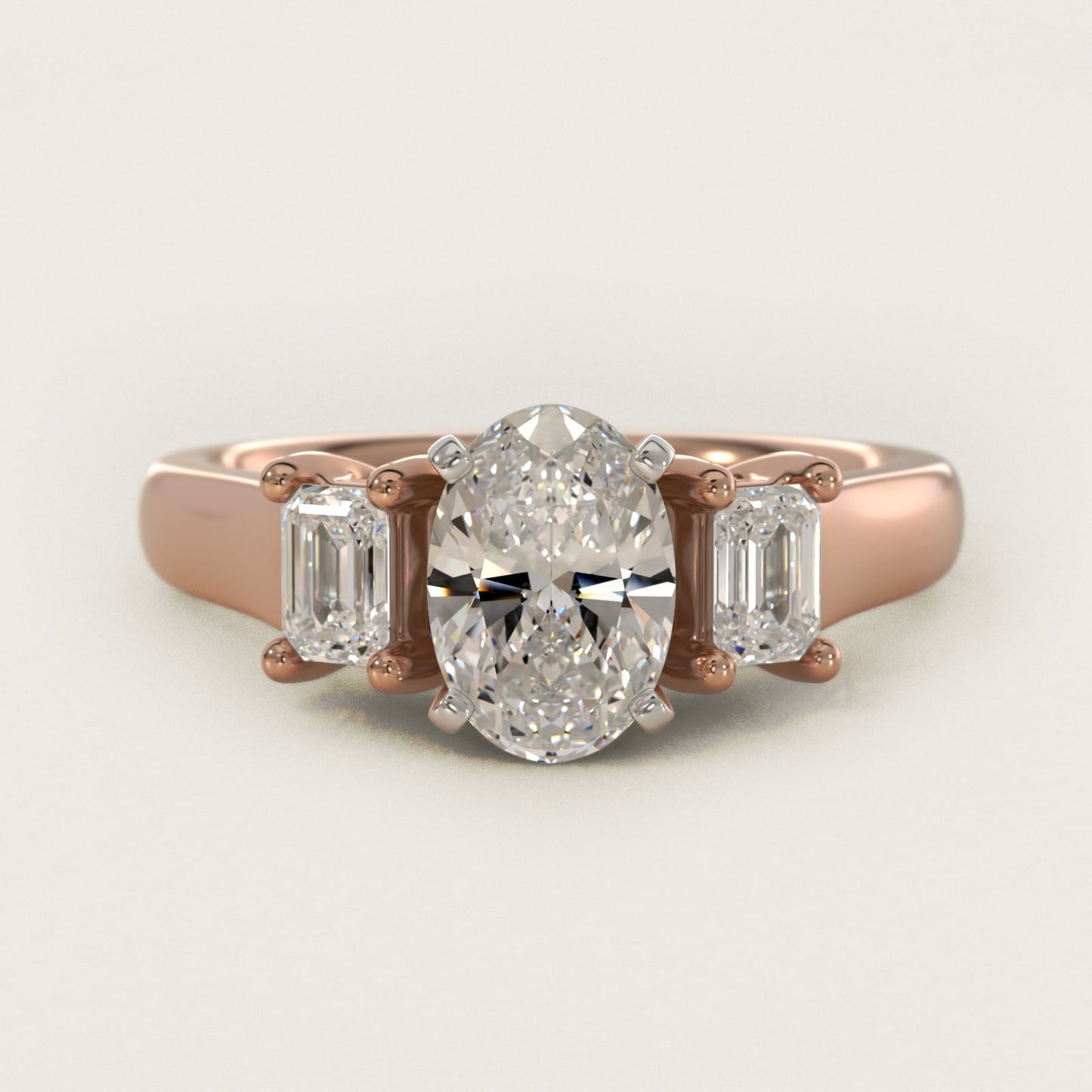 Three-Stone Emerald-Cut Diamond Engagement Ring in 18k Rose Gold (1/3 ct tw.) By Zac Zac Posen - Oval Center