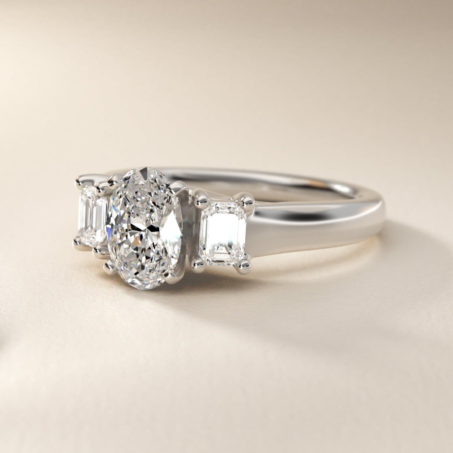 Three-Stone Emerald-Cut Diamond Engagement Ring in 18k White Gold (1/3 ct tw.) By Zac Zac Posen - Oval Center