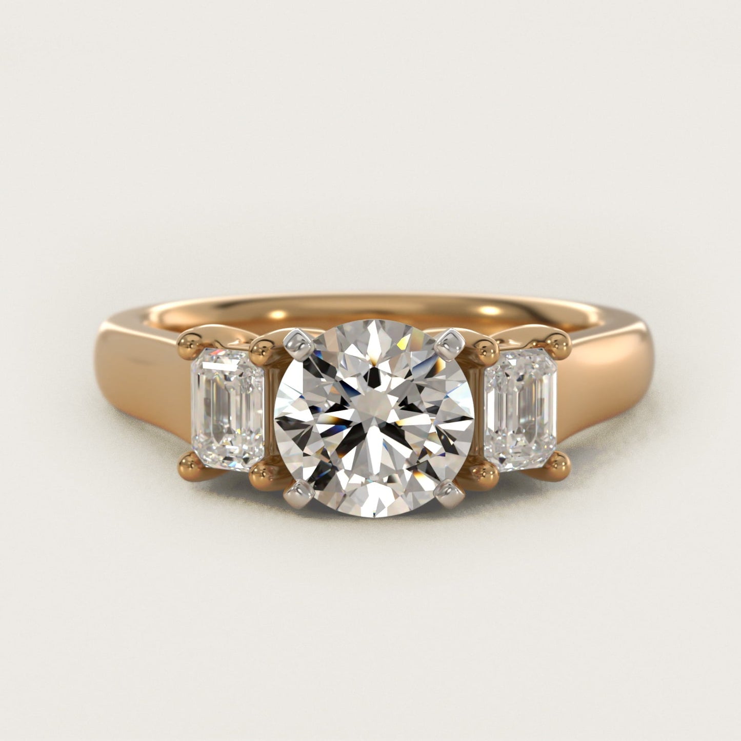 Three-Stone Emerald-Cut Diamond Engagement Ring in 18k Yellow Gold (1/3 ct tw.) By Zac Zac Posen - Round Center