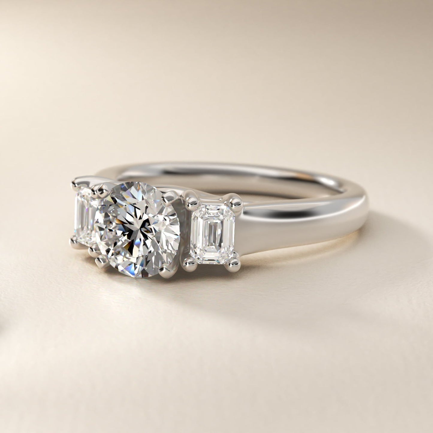 Three-Stone Emerald-Cut Diamond Engagement Ring in Platinum (1/3 ct tw.) By Zac Zac Posen - Round Center
