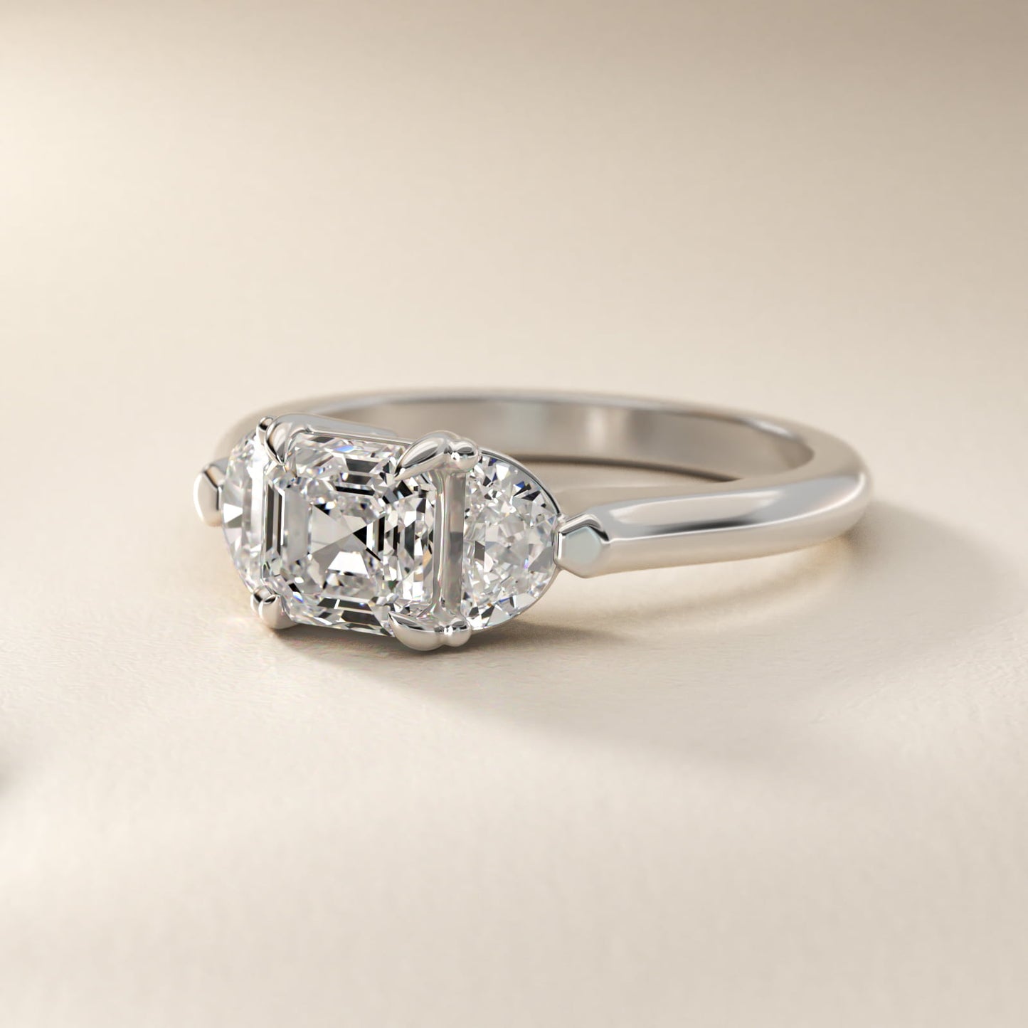 Three-Stone Half-Moon Sidestone Diamond Engagement Ring in 14k White Gold (1/2 ct. tw.) - Asscher Center