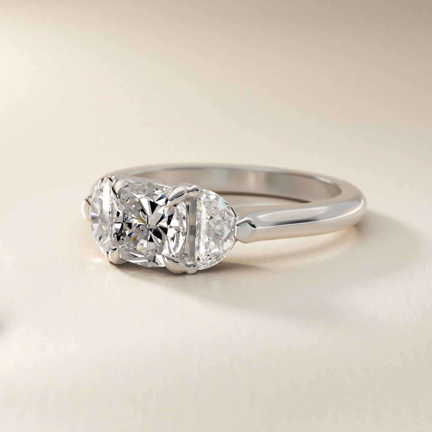 Three-Stone Half-Moon Sidestone Diamond Engagement Ring in Platinum (1/2 ct. tw.) - Cushion Center