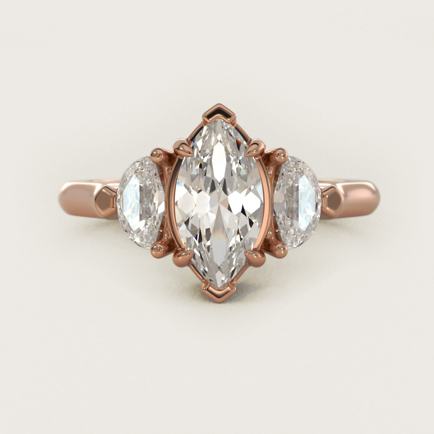Three-Stone Half-Moon Sidestone Diamond Engagement Ring in 18k Rose Gold (1/2 ct. tw.) - Marquise Center
