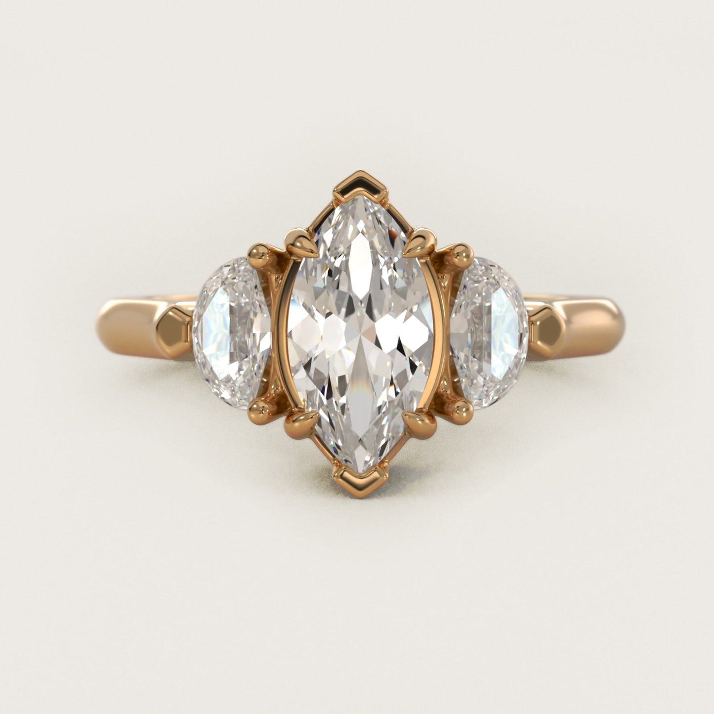 Three-Stone Half-Moon Sidestone Diamond Engagement Ring in 14K Yellow Gold (1/2 ct. tw.) - Marquise Center