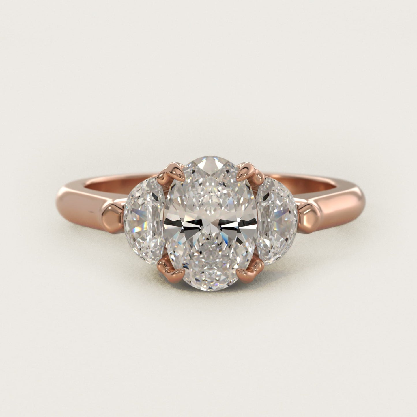 Three-Stone Half-Moon Sidestone Diamond Engagement Ring in 18k Rose Gold (1/2 ct. tw.) - Oval Center