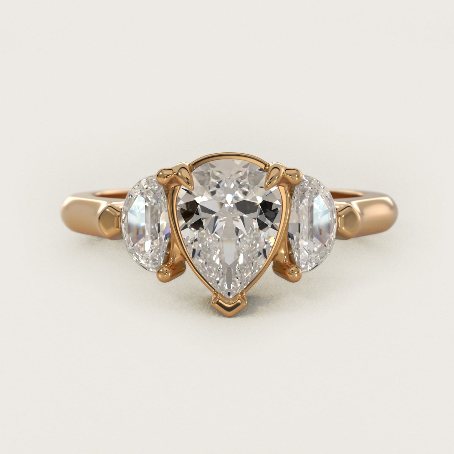 Three-Stone Half-Moon Sidestone Diamond Engagement Ring in 18k Yellow Gold (1/2 ct. tw.) - Pear Center