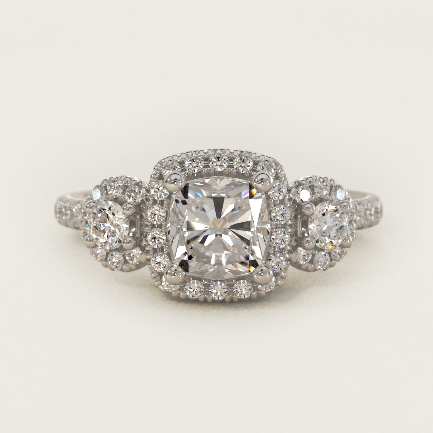 Three-Stone Halo Diamond Engagement Ring in 18k White Gold - Cushion Center