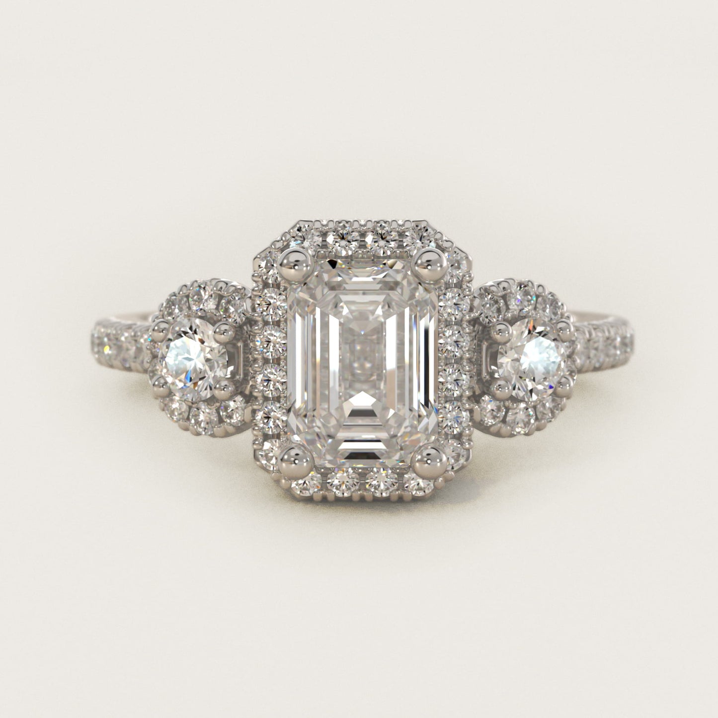 Three-Stone Halo Diamond Engagement Ring in 14k White Gold - Emerald Center