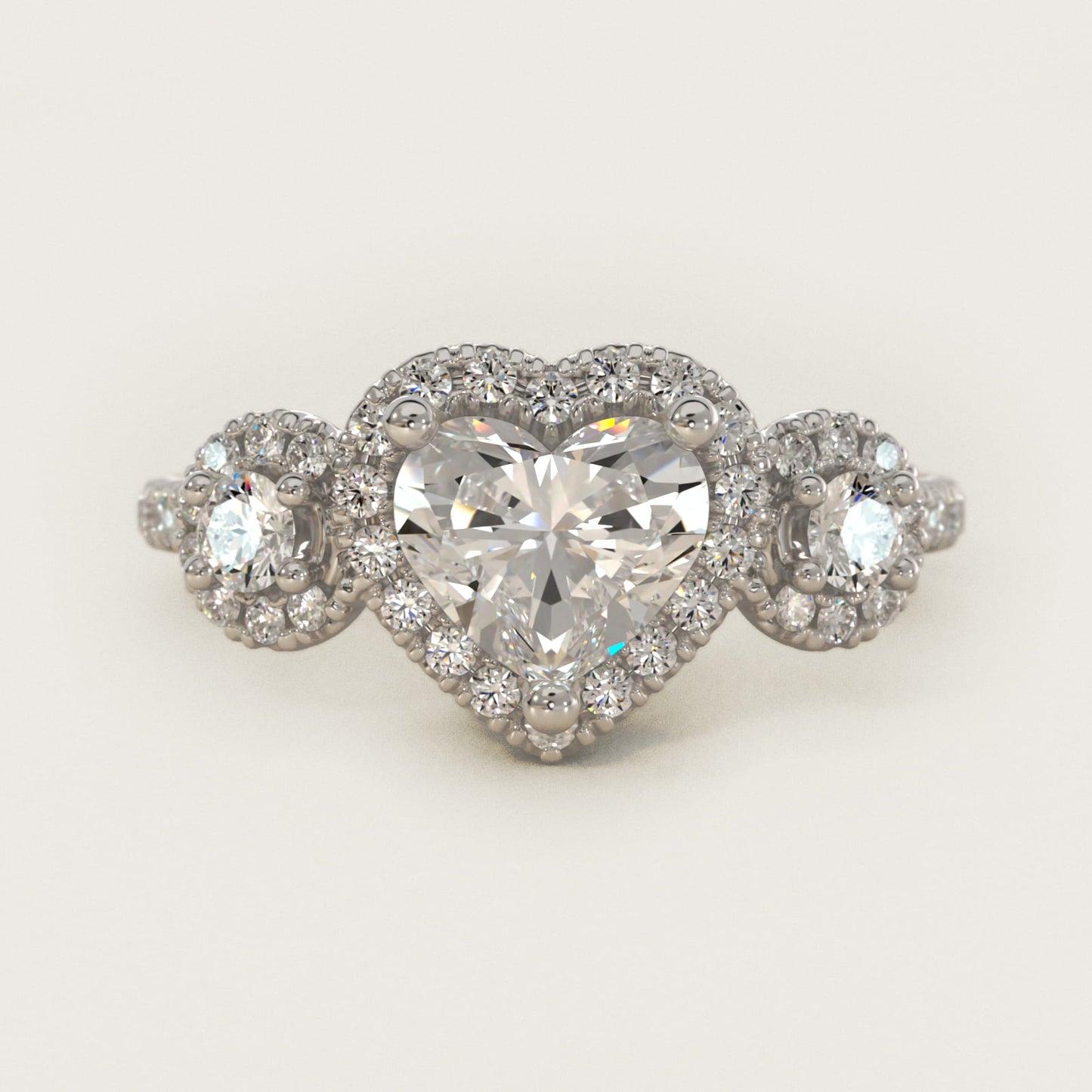 Three-Stone Halo Diamond Engagement Ring in 18k White Gold - Heart Center