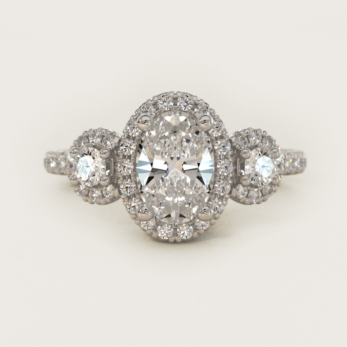 Three-Stone Halo Diamond Engagement Ring in 14k White Gold - Oval Center
