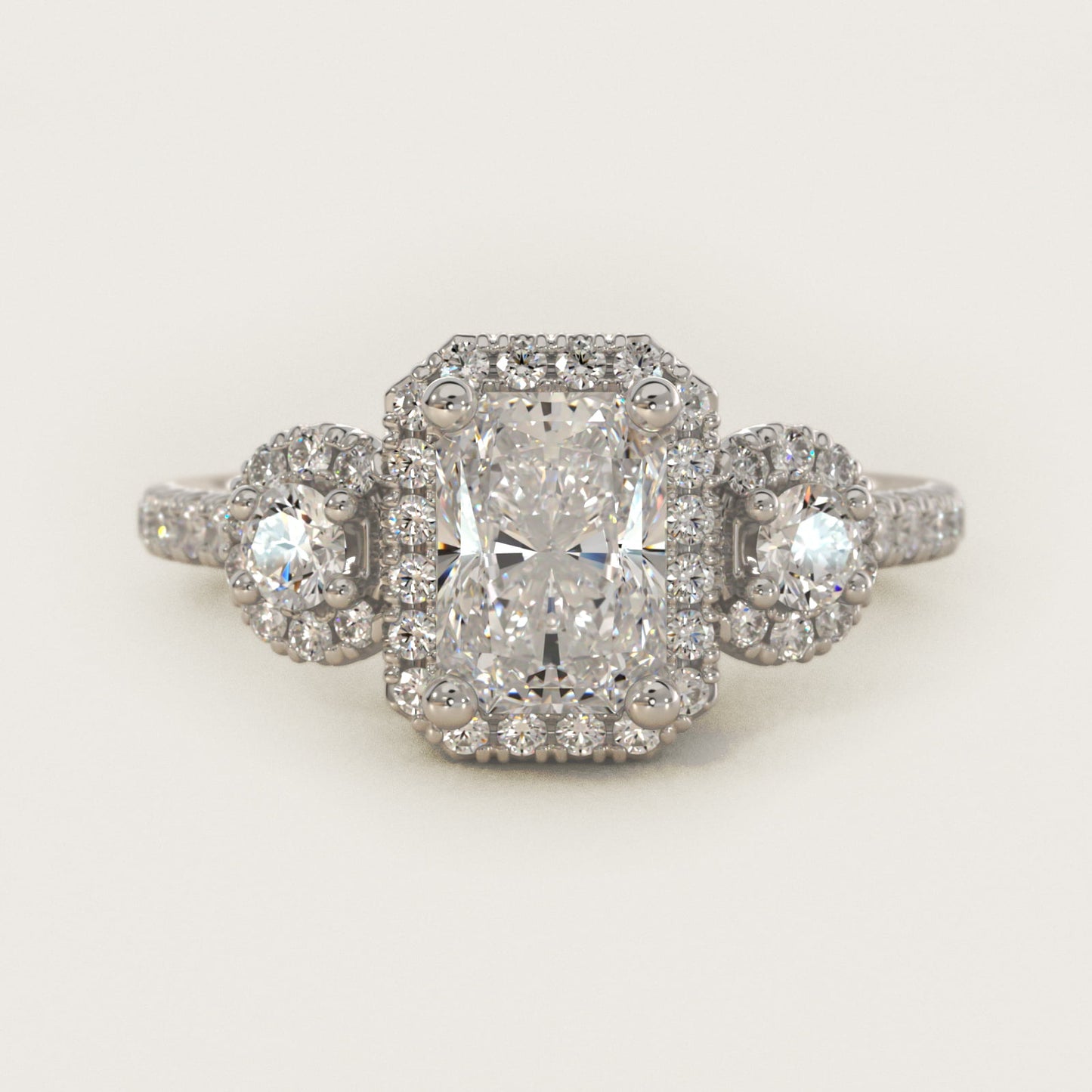 Three-Stone Halo Diamond Engagement Ring in 14k White Gold - Radiant Center