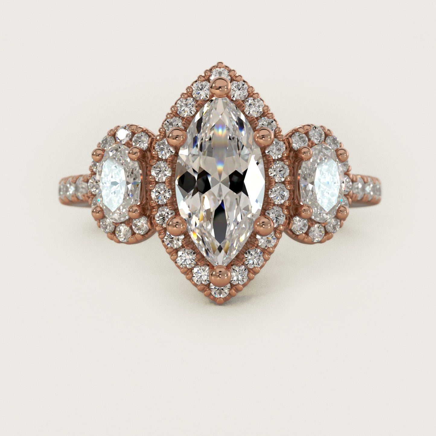 Three-Stone Oval Halo Diamond Engagement Ring in 18k Rose Gold - Marquise Center