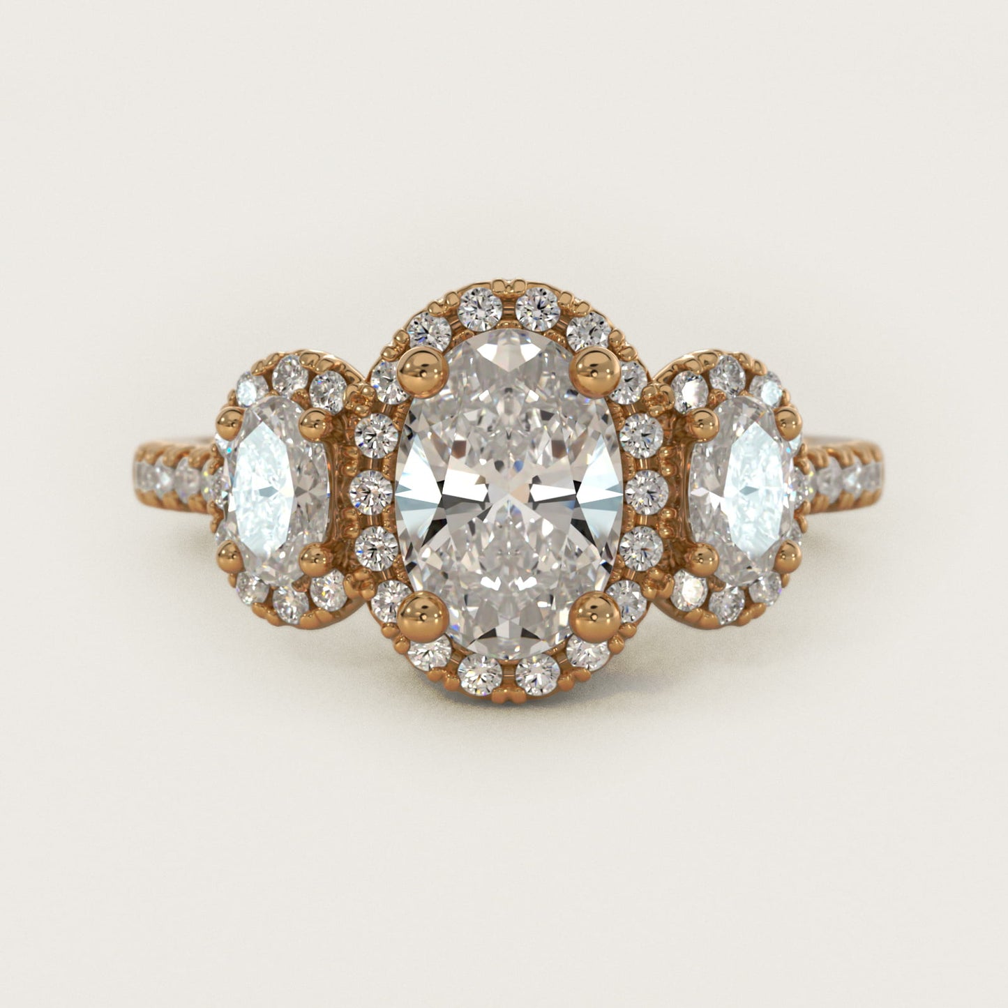 Three-Stone Oval Halo Diamond Engagement Ring in 14k Yellow Gold - Oval Center