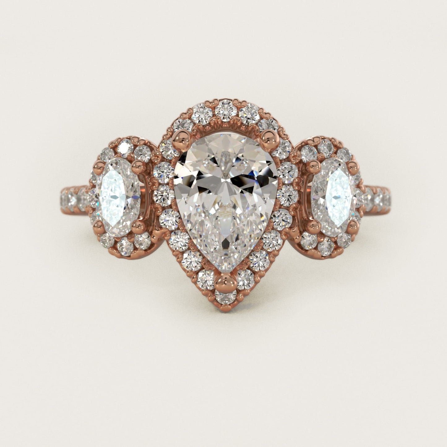 Three-Stone Oval Halo Diamond Engagement Ring in 18k Rose Gold - Pear Center