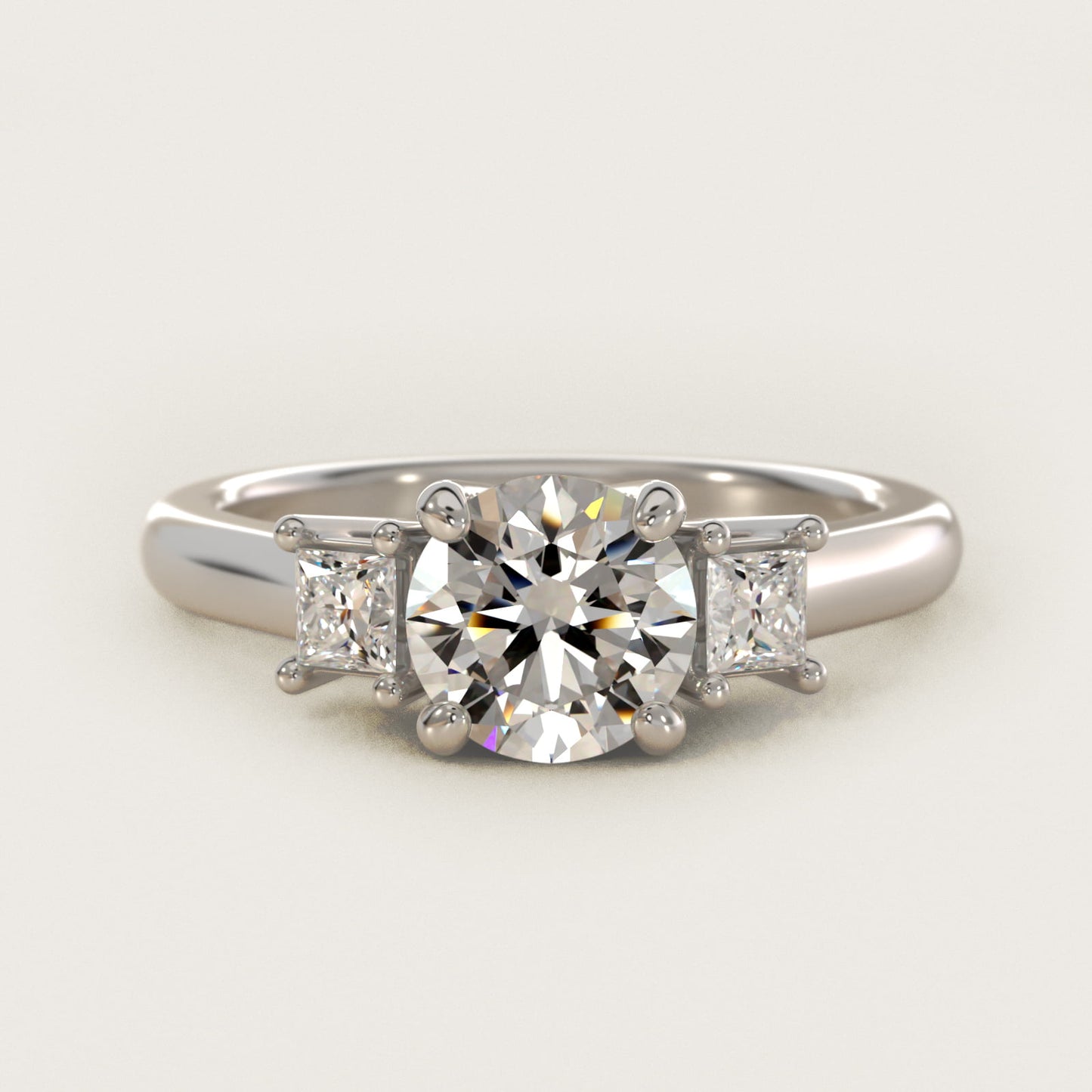 Three-Stone Princess Diamond Engagement Ring in Platinum (1/3 ct. tw.) - Round Center