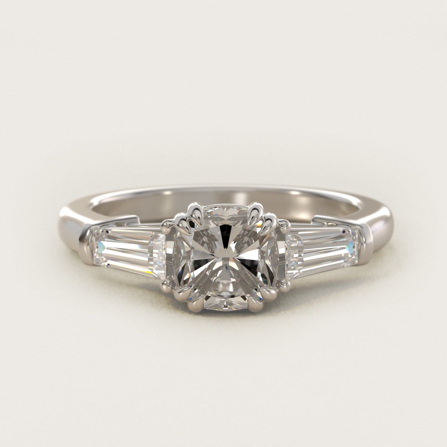 Three-Stone Tapered Baguette Diamond Engagement Ring in 18k White Gold (1/2 ct. tw.) - Cushion Center