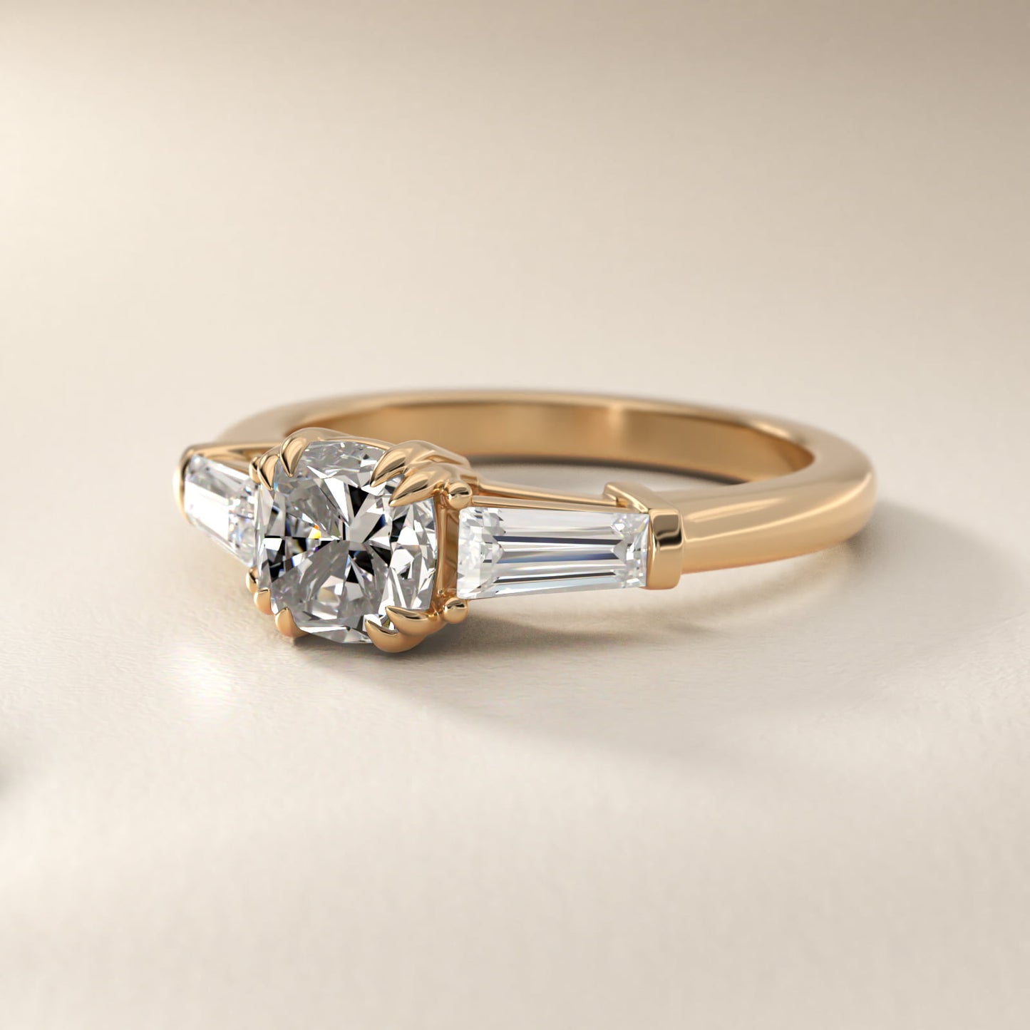 Three-Stone Tapered Baguette Diamond Engagement Ring in 18k Yellow Gold (1/2 ct. tw.) - Cushion Center