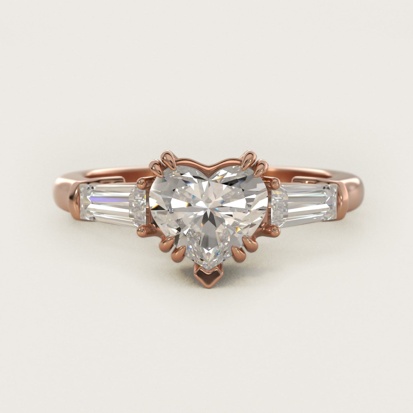 Three-Stone Tapered Baguette Diamond Engagement Ring in 18k Rose Gold (1/2 ct. tw.) - Heart Center