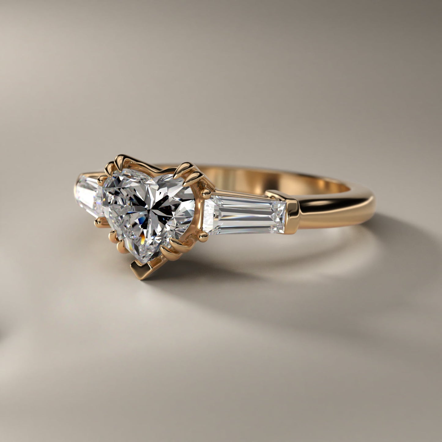 Three-Stone Tapered Baguette Diamond Engagement Ring in 14K Yellow Gold (1/2 ct. tw.) - Heart Center