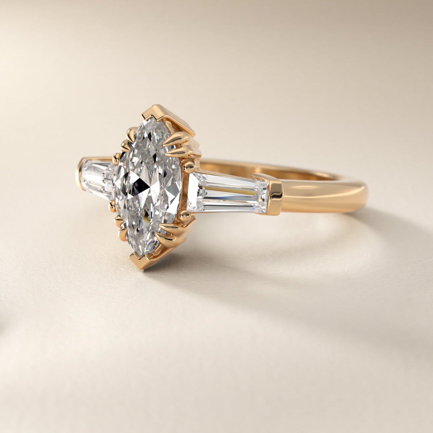 Three-Stone Tapered Baguette Diamond Engagement Ring in 18k Yellow Gold (1/2 ct. tw.) - Marquise Center