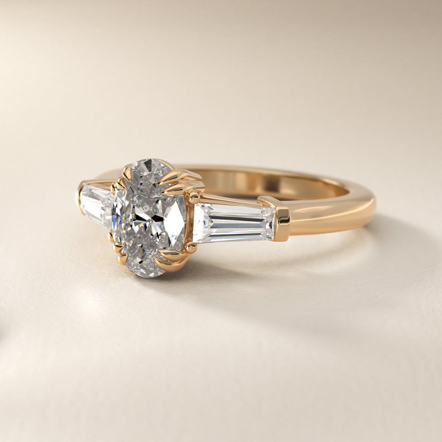 Three-Stone Tapered Baguette Diamond Engagement Ring in 18k Yellow Gold (1/2 ct. tw.) - Oval Center