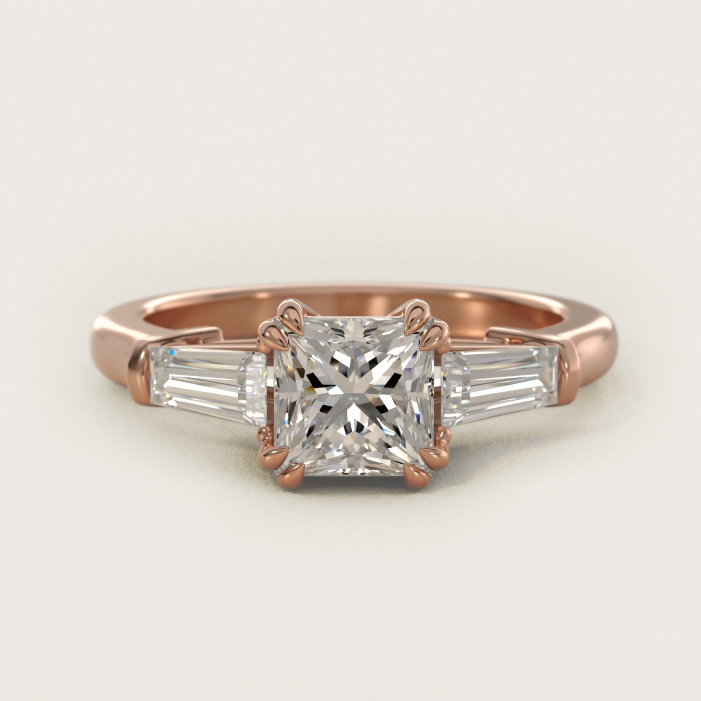 Three-Stone Tapered Baguette Diamond Engagement Ring in 18k Rose Gold (1/2 ct. tw.) - Princess Center