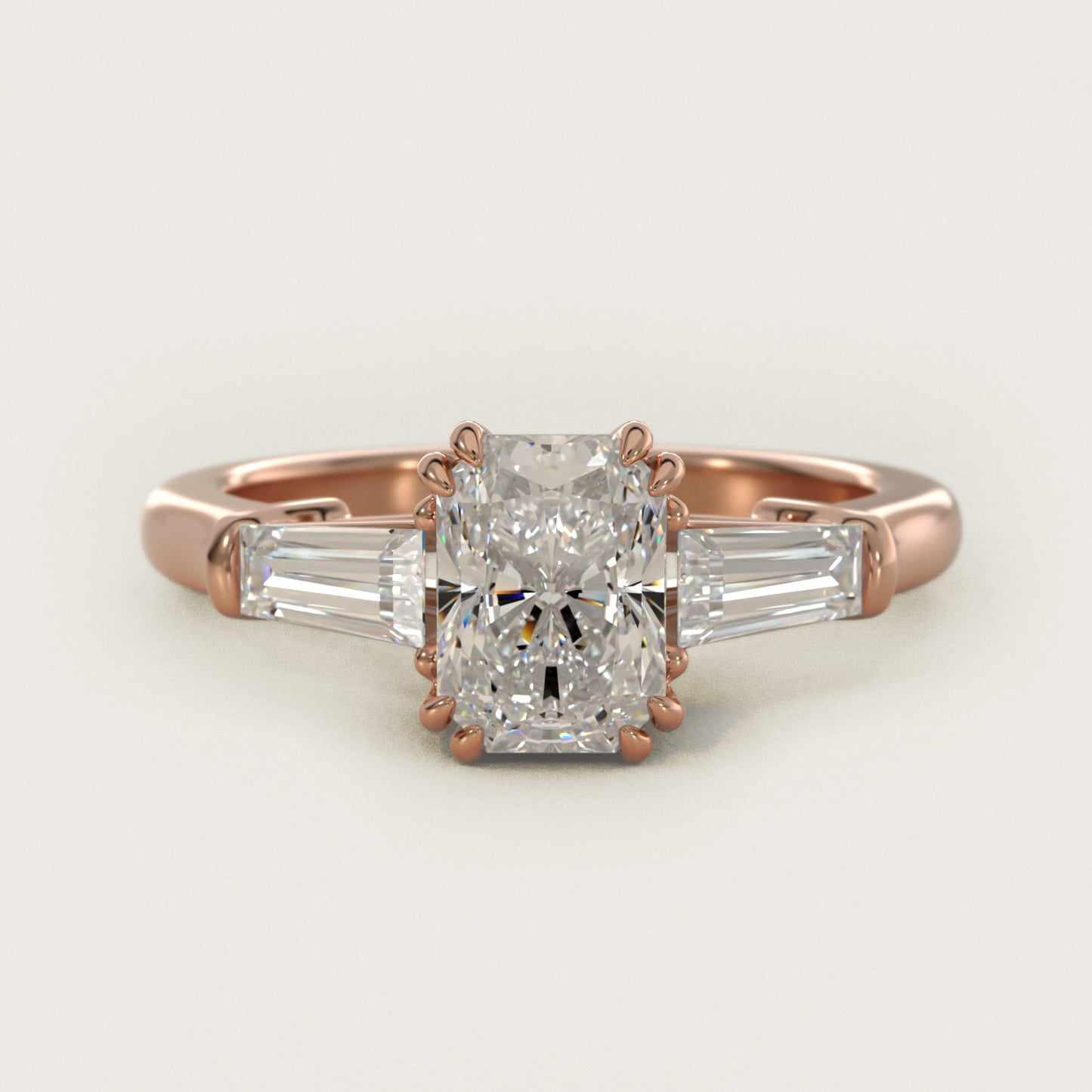 Three-Stone Tapered Baguette Diamond Engagement Ring in 14k Rose Gold (1/2 ct. tw.) - Radiant Center