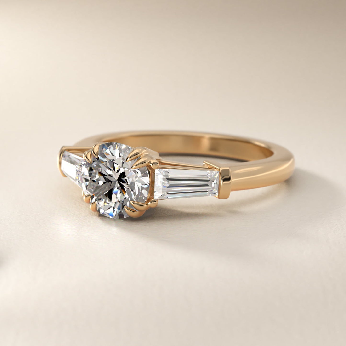 Three-Stone Tapered Baguette Diamond Engagement Ring in 14K Yellow Gold (1/2 ct. tw.) - Round Center