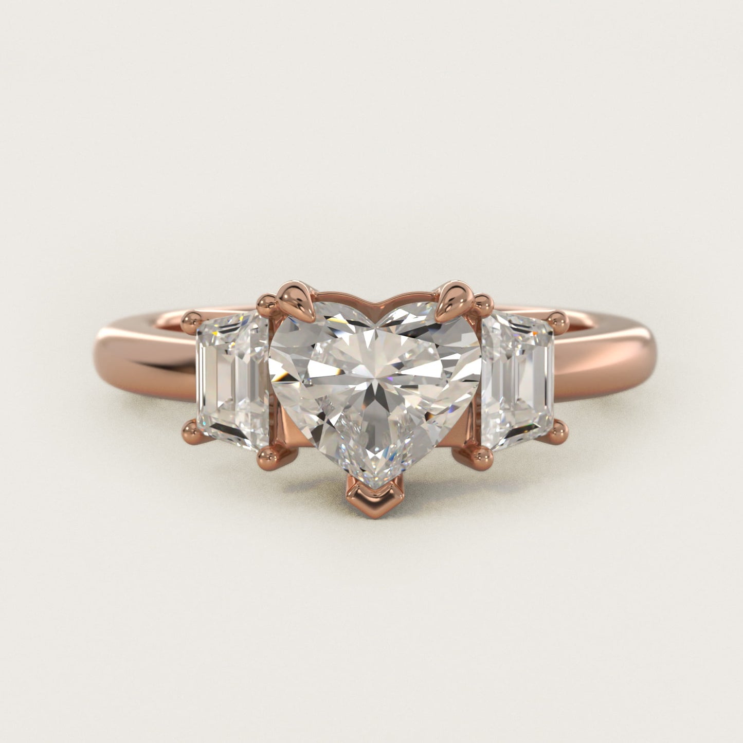 Three-Stone Trapezoid Sidestone Diamond Engagement Ring in 14k Rose Gold (1/2 ct. tw.) - Heart Center
