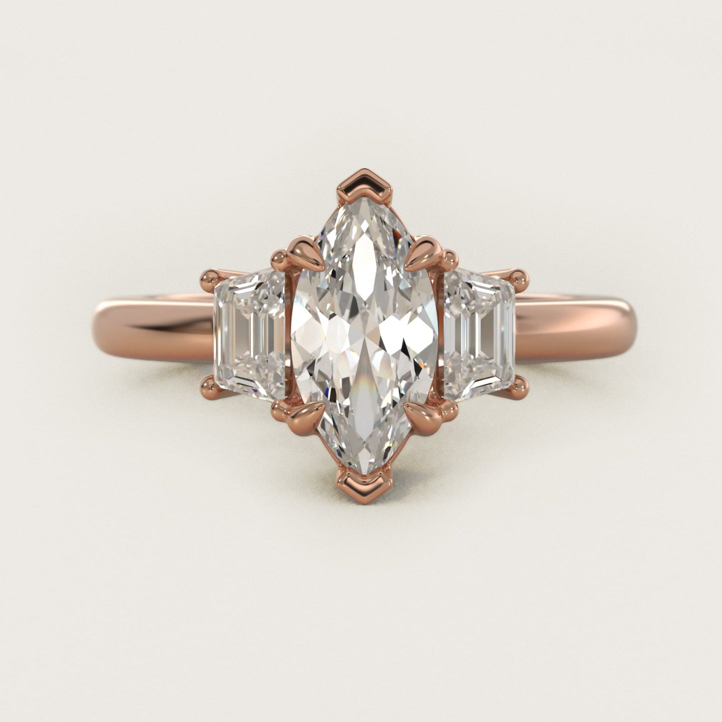 Three-Stone Trapezoid Sidestone Diamond Engagement Ring in 14k Rose Gold (1/2 ct. tw.) - Marquise Center