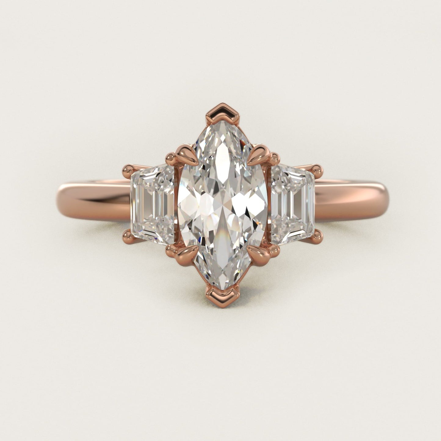 Three-Stone Trapezoid Sidestone Diamond Engagement Ring in 18k Rose Gold (1/2 ct. tw.) - Marquise Center