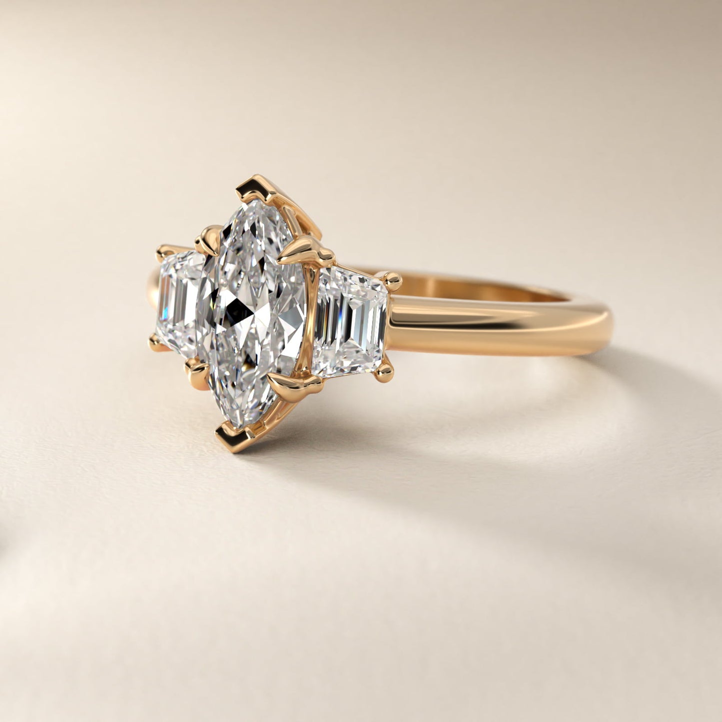 Three-Stone Trapezoid Sidestone Diamond Engagement Ring in 14K Yellow Gold (1/2 ct. tw.) - Marquise Center