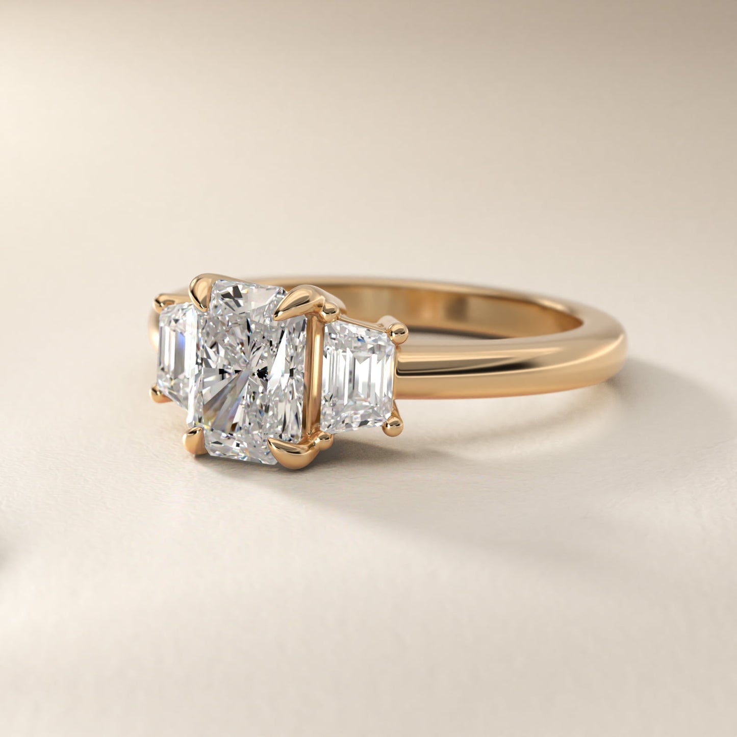 Three-Stone Trapezoid Sidestone Diamond Engagement Ring in 14K Yellow Gold (1/2 ct. tw.) - Radiant Center