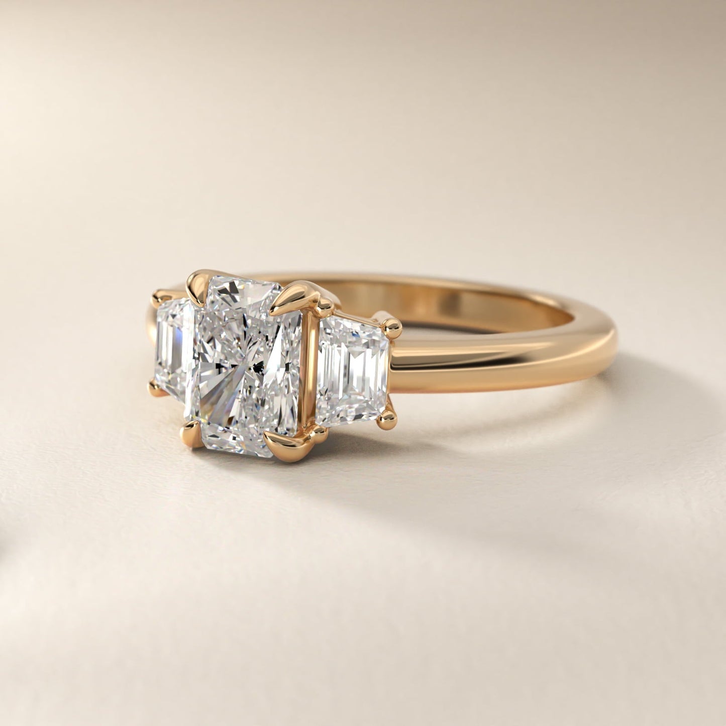 Three-Stone Trapezoid Sidestone Diamond Engagement Ring in 18k Yellow Gold (1/2 ct. tw.) - Radiant Center