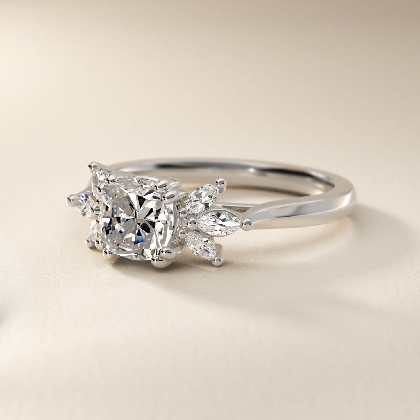 Trio Marquise Diamond Engagement Ring in 18k White Gold - Cushion Center