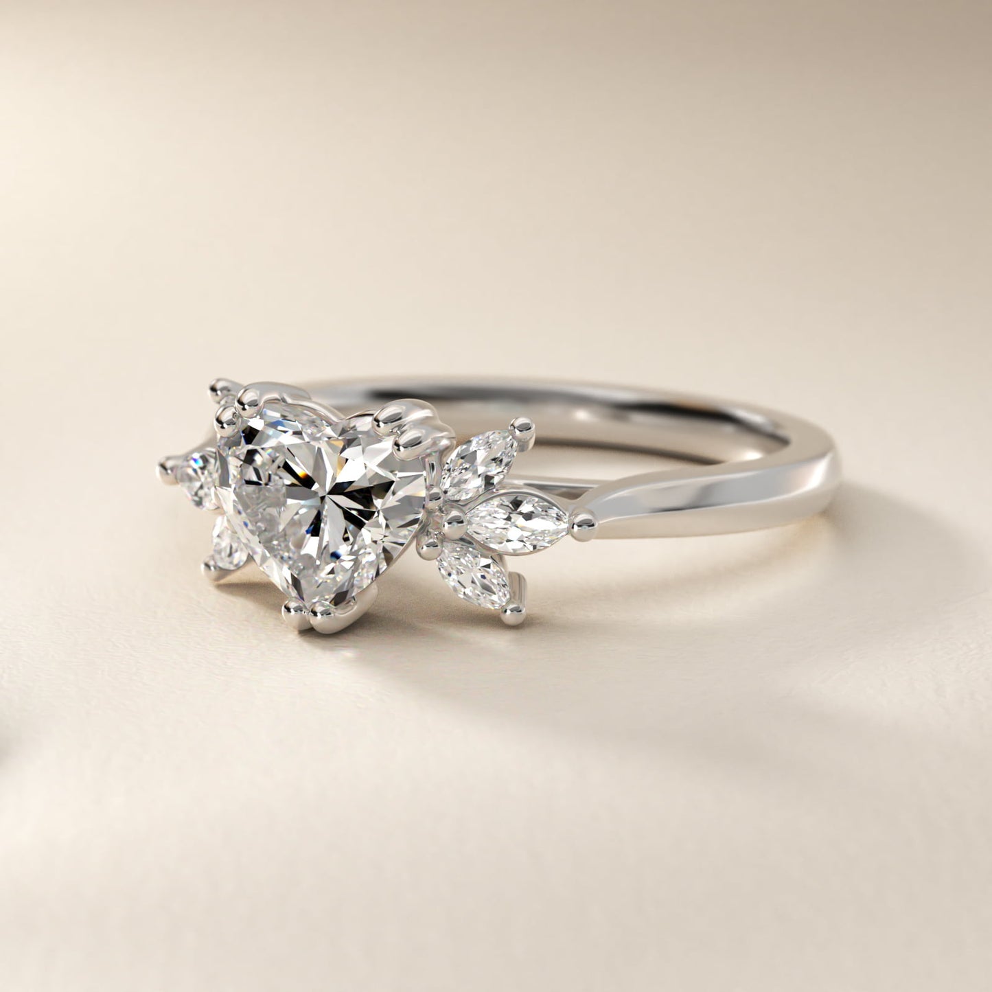 Trio Marquise Diamond Engagement Ring in 18k White Gold - Heart Center