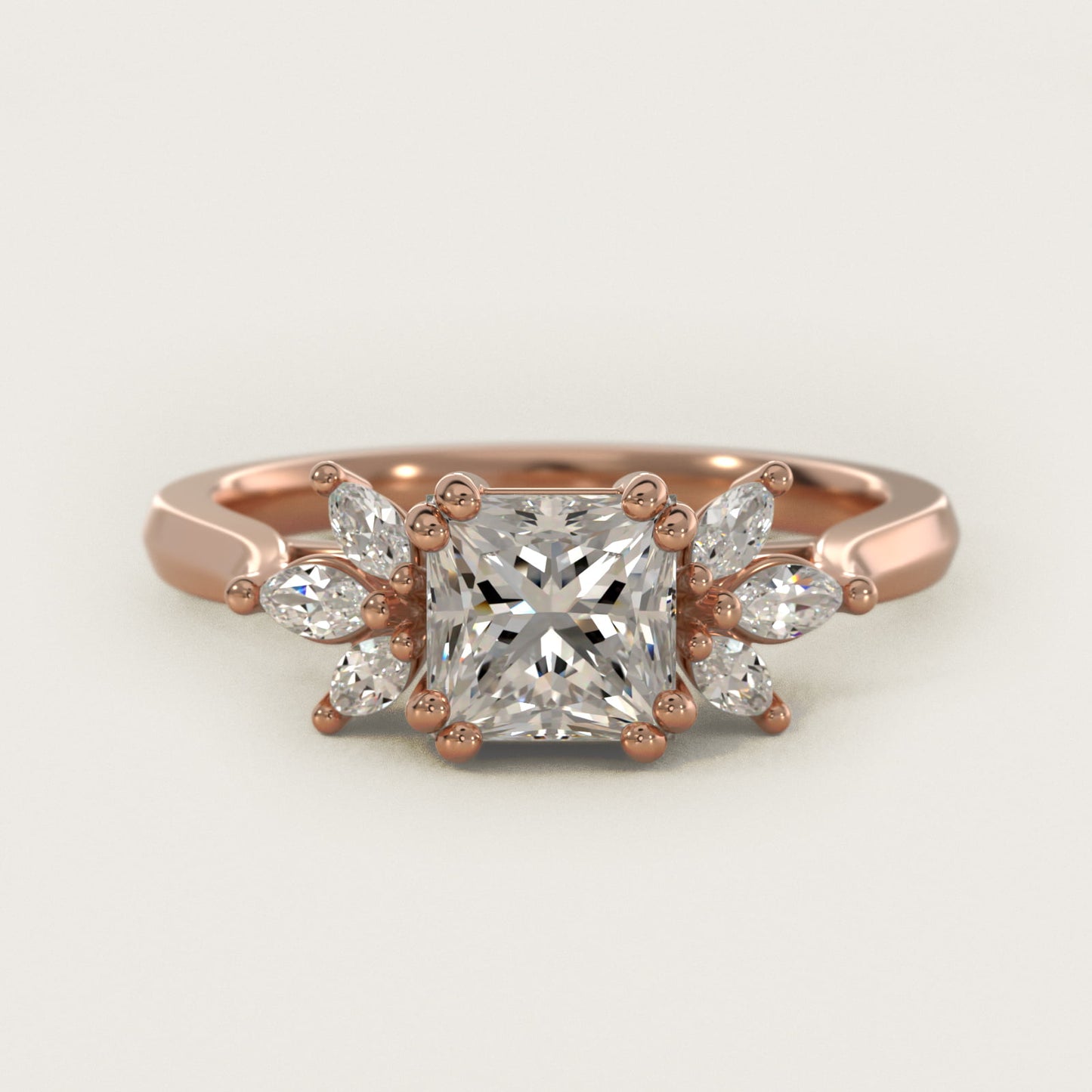 Trio Marquise Diamond Engagement Ring in 18k Rose Gold - Princess Center