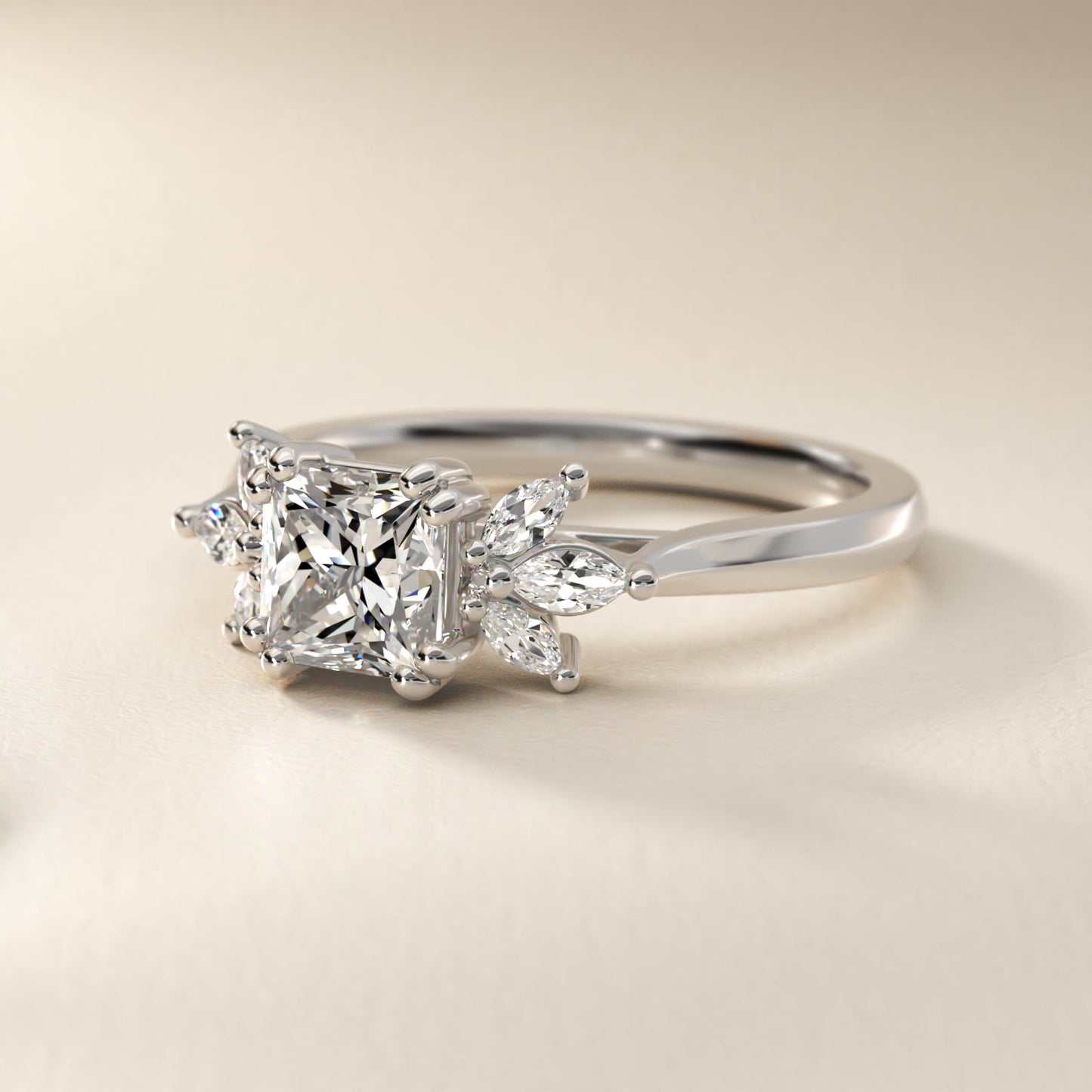 Trio Marquise Diamond Engagement Ring in 18k White Gold - Princess Center