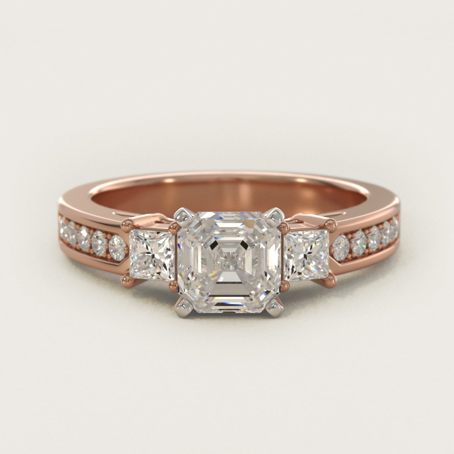 Trio Princess Cut PavŽ Diamond Engagement Ring in 14k Rose Gold (1/3 ct. tw.) - Asscher Center