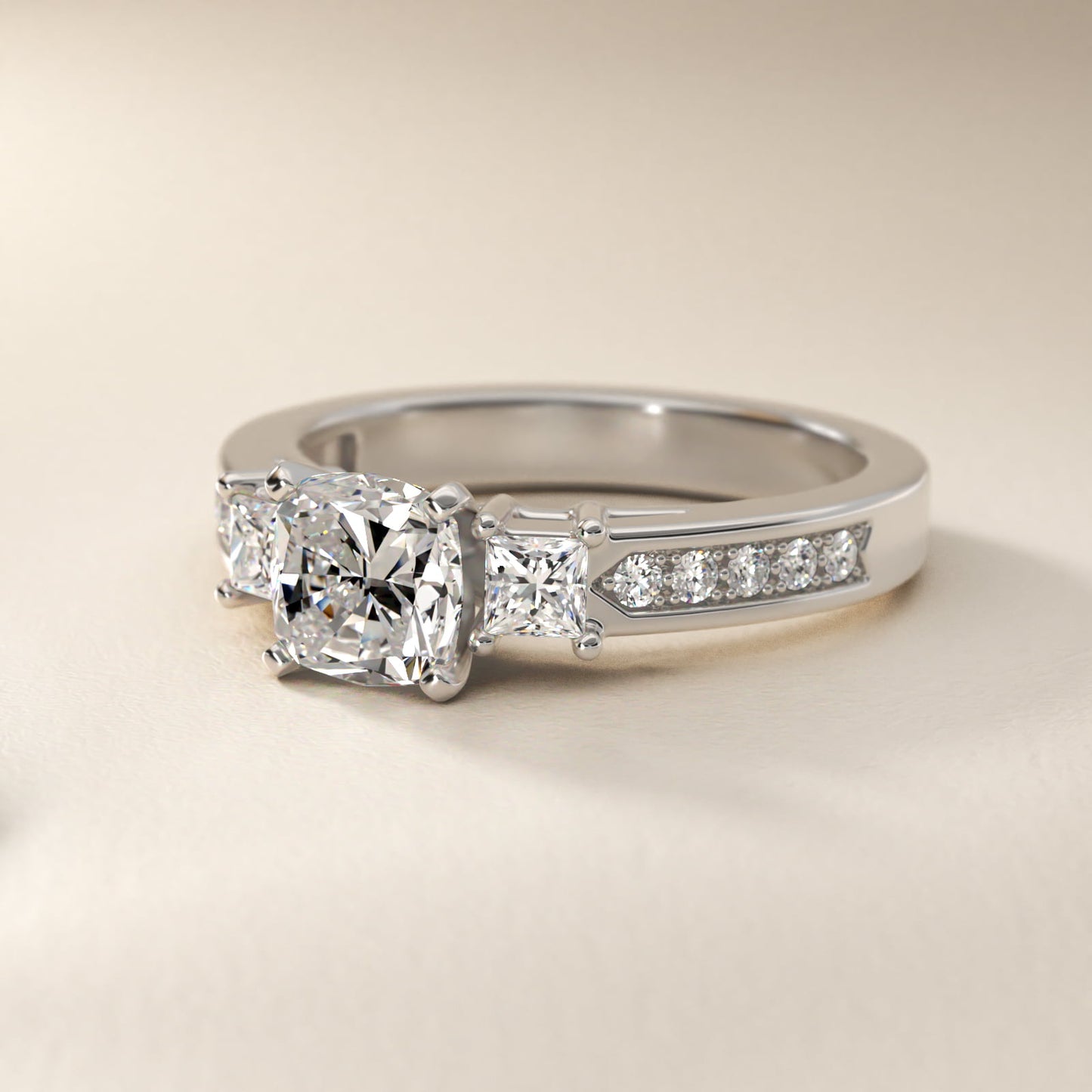 Trio Princess Cut Pav? Diamond Engagement Ring in Platinum (1/3 ct. tw.) - Cushion Center
