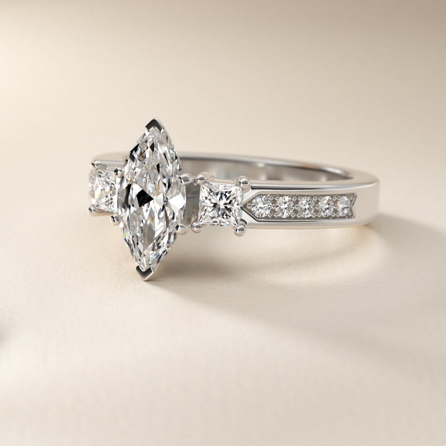 Trio Princess Cut Pav? Diamond Engagement Ring in Platinum (1/3 ct. tw.) - Marquise Center