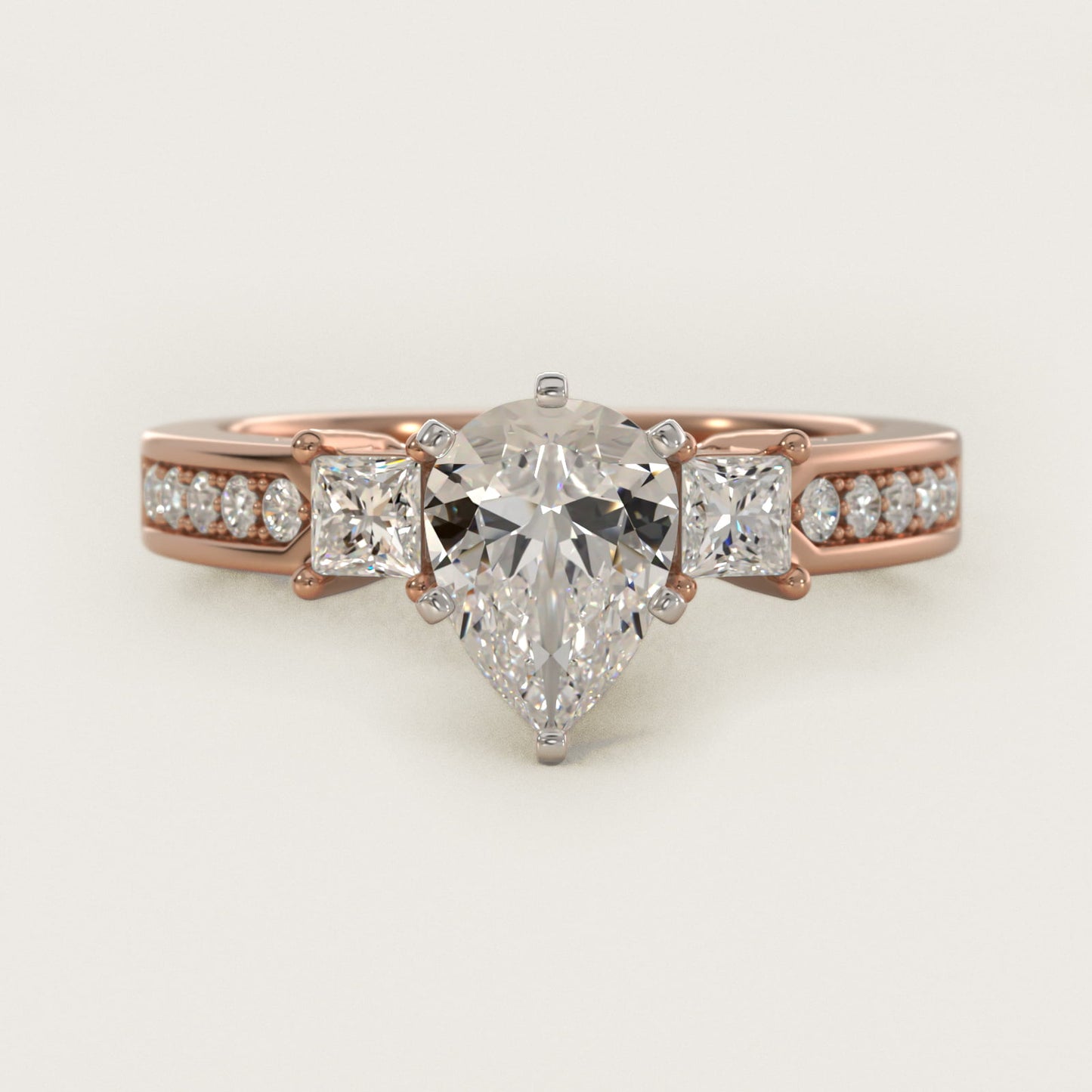 Trio Princess Cut PavŽ Diamond Engagement Ring in 14k Rose Gold (1/3 ct. tw.) - Pear Center