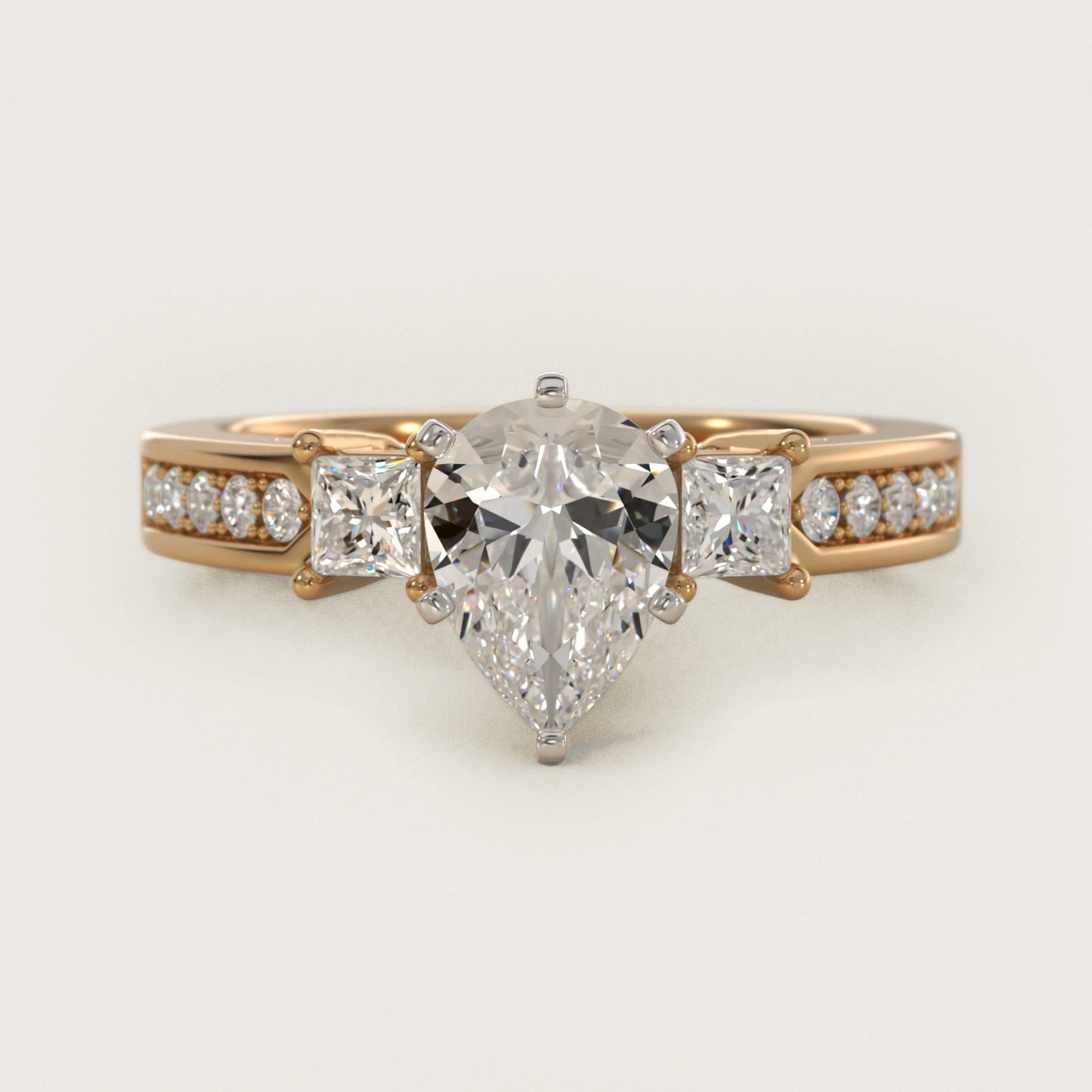 Trio Princess Cut Pav? Diamond Engagement Ring in 18k Yellow Gold (1/3 ct. tw.) - Pear Center
