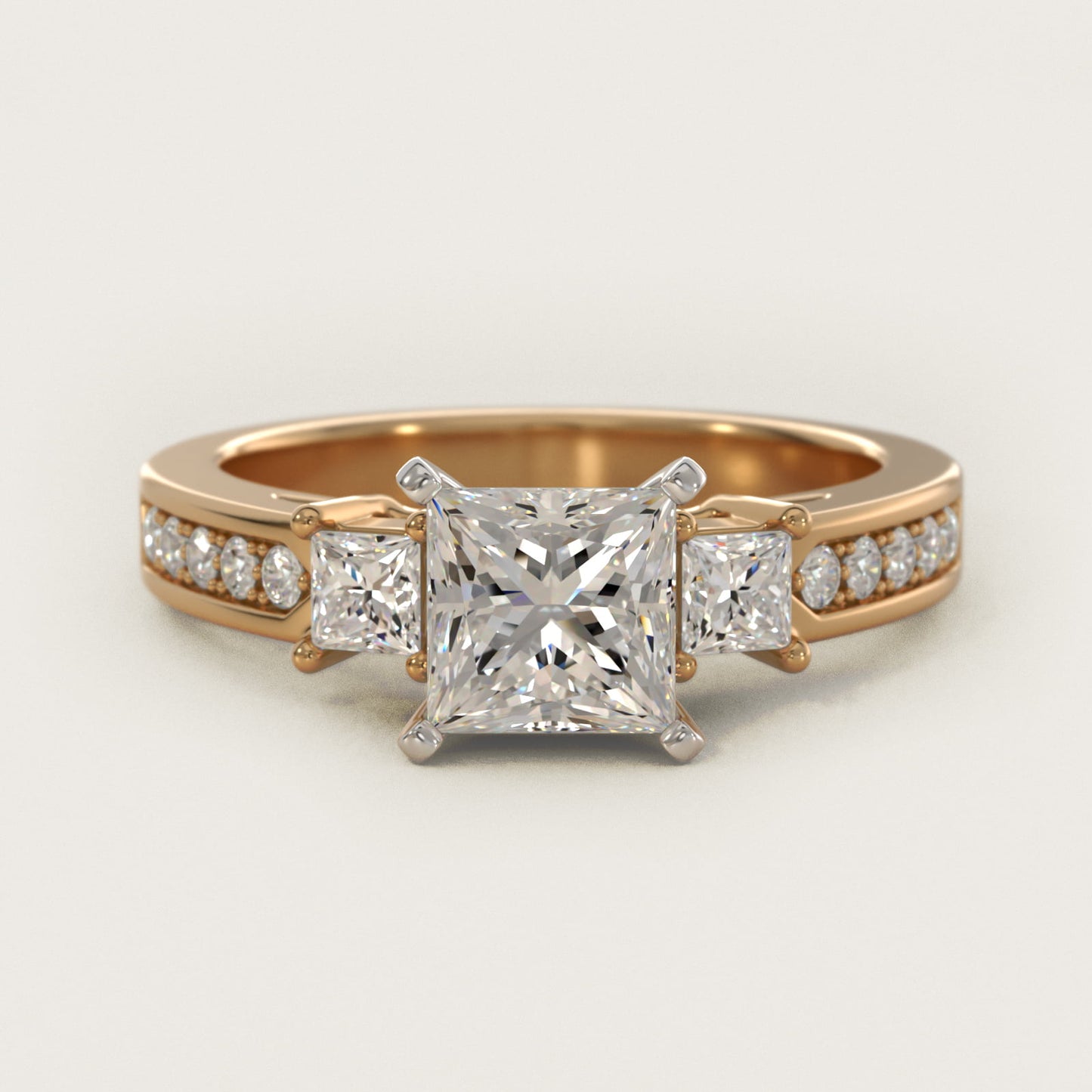 Trio Princess Cut Pav? Diamond Engagement Ring in 18k Yellow Gold (1/3 ct. tw.) - Princess Center