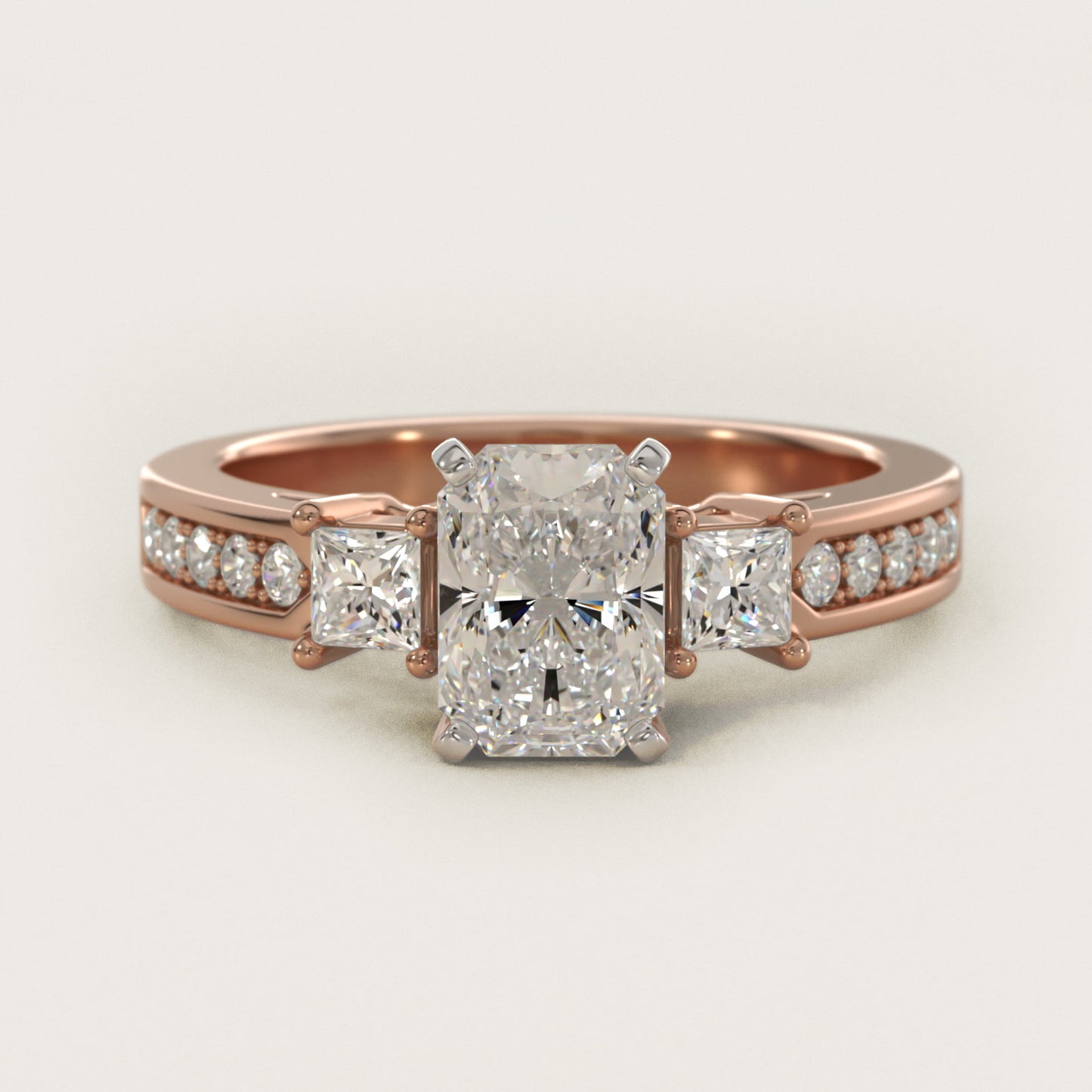 Trio Princess Cut Pav? Diamond Engagement Ring in 18k Rose Gold (1/3 ct. tw.) - Radiant Center
