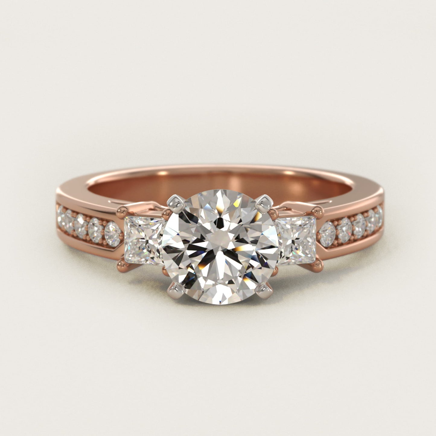 Trio Princess Cut PavŽ Diamond Engagement Ring in 14k Rose Gold (1/3 ct. tw.) - Round Center