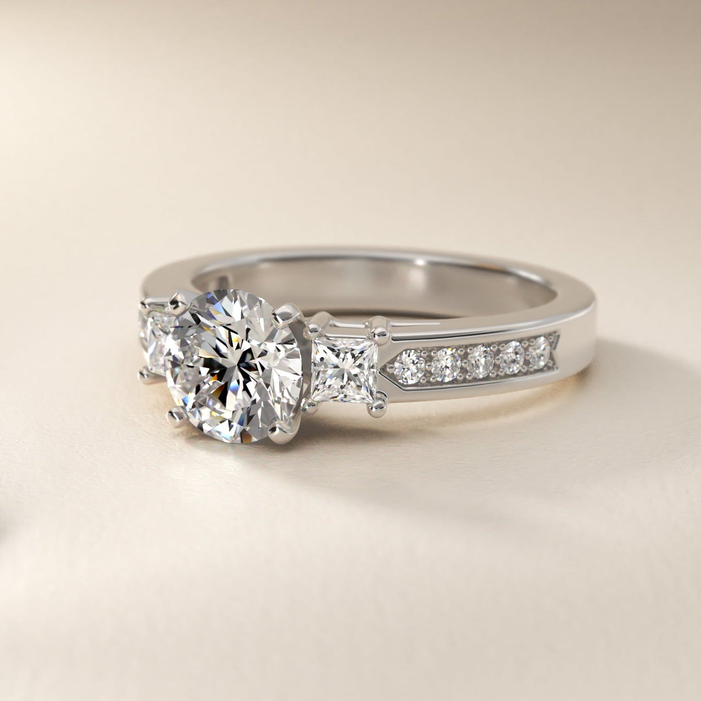 Trio Princess Cut Pav? Diamond Engagement Ring in Platinum (1/3 ct. tw.) - Round Center