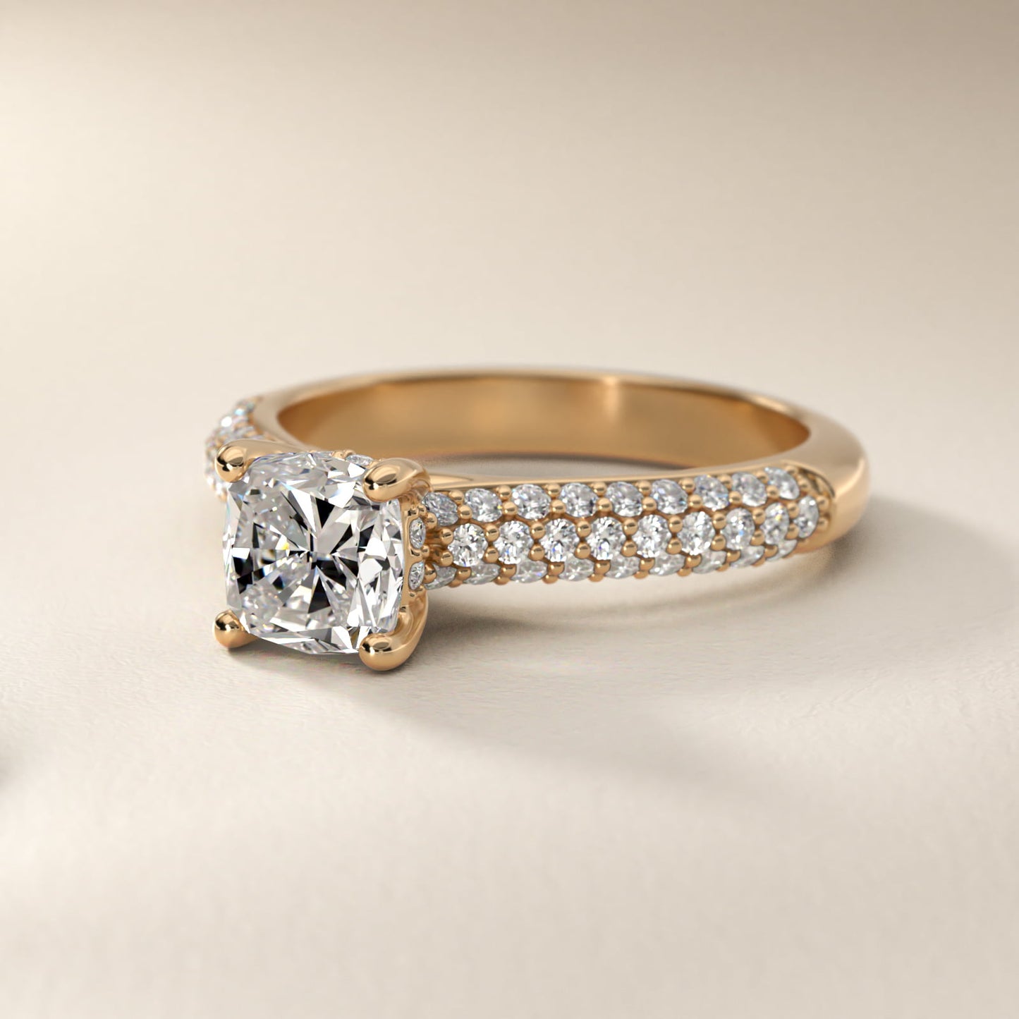 Triple Row PavŽ Cathedral Diamond Engagement Ring In 14K Yellow Gold By James Allen - Cushion Center